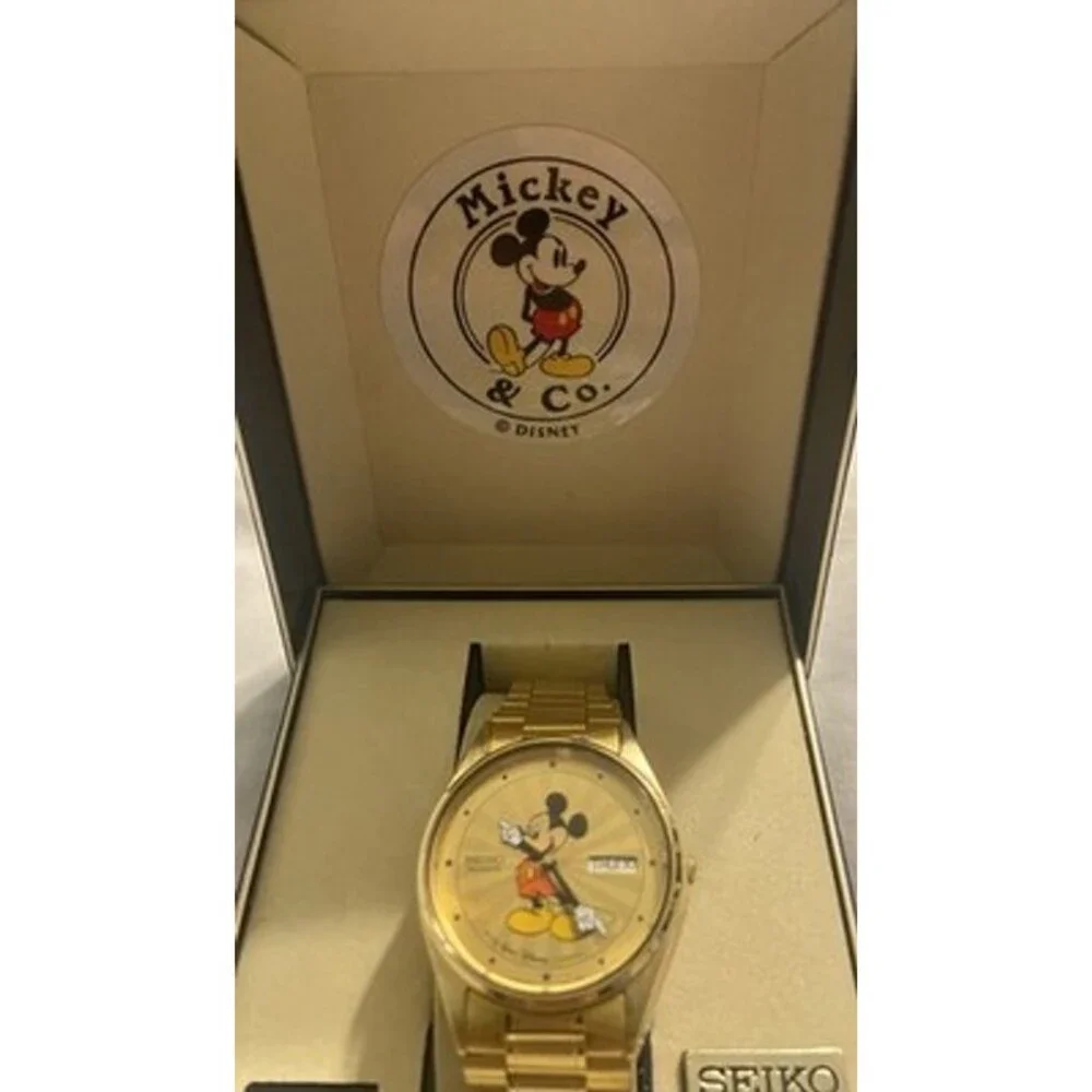 MICKEY MOUSE, SEIKO WATCH  1980S   ROLEX STYLE BAND, GOLD TONE,   (OB)